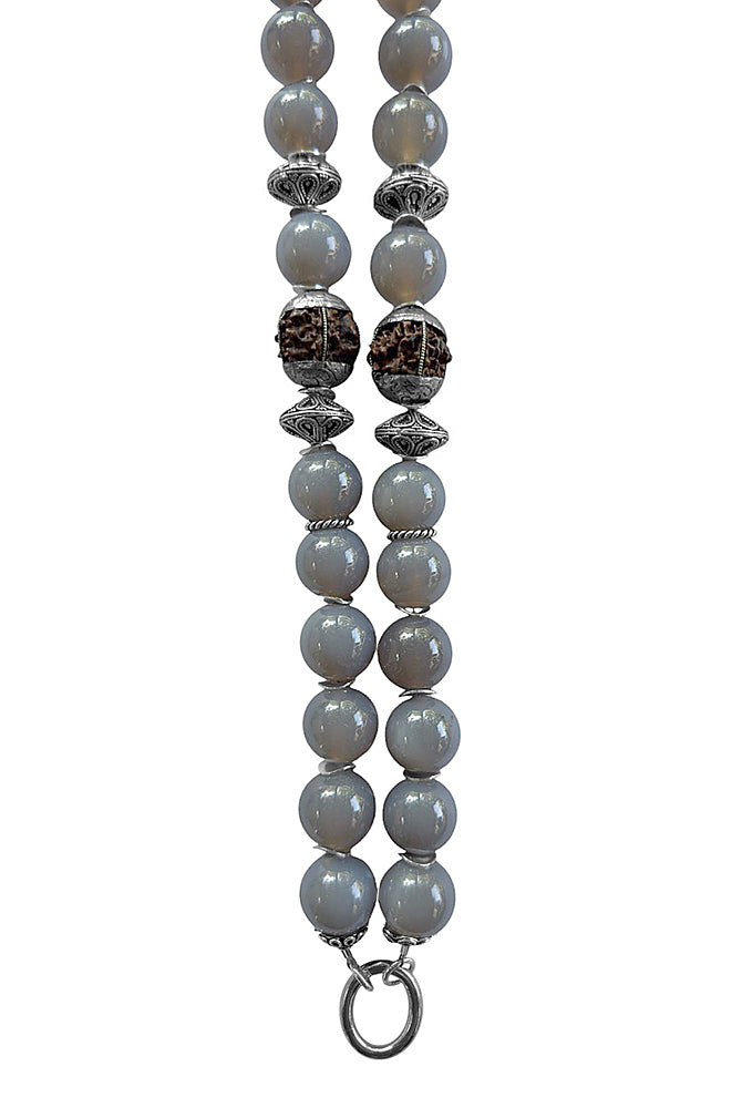 Lange Ethno Kette Achat Grau Rudraksha-Perlen 925 Sterling Silber Boho Unikat