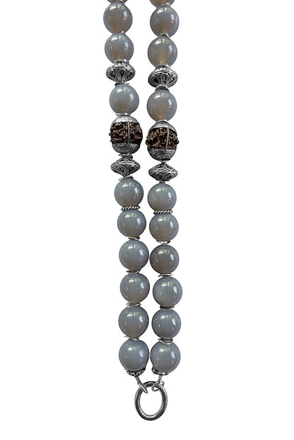 Lange Ethno Kette Achat Grau Rudraksha-Perlen 925 Sterling Silber Boho Unikat