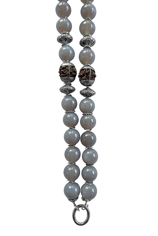 Lange Ethno Kette Achat Grau Rudraksha-Perlen 925 Sterling Silber Boho Unikat