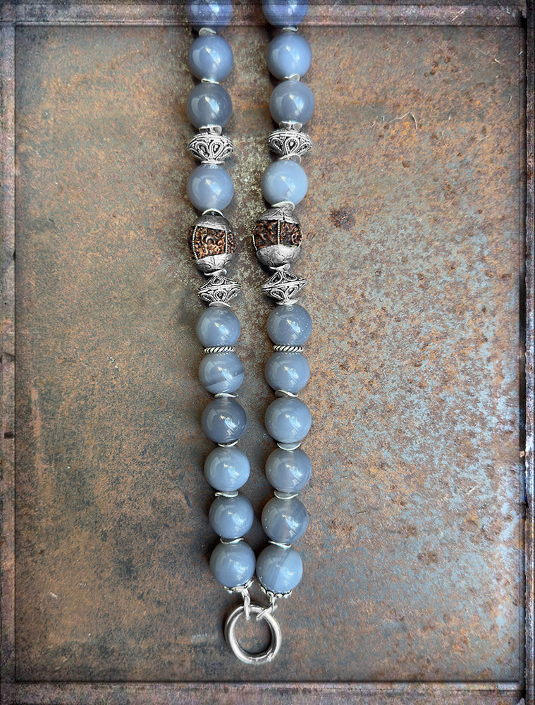 Lange Ethno Kette Achat Grau Rudraksha-Perlen Silber Boho Unikat