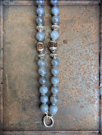 Lange Ethno Kette Achat Grau Rudraksha-Perlen Silber Boho Unikat