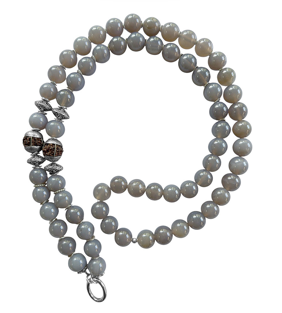 Lange Ethno Kette Achat Grau Rudraksha-Perlen Sterling Silber Boho Unikat