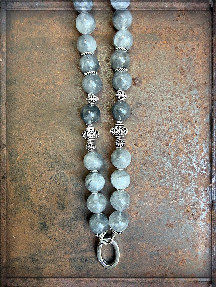 Lange Ethno Kette Quarz Grau 925 Silber Boho Unikat
