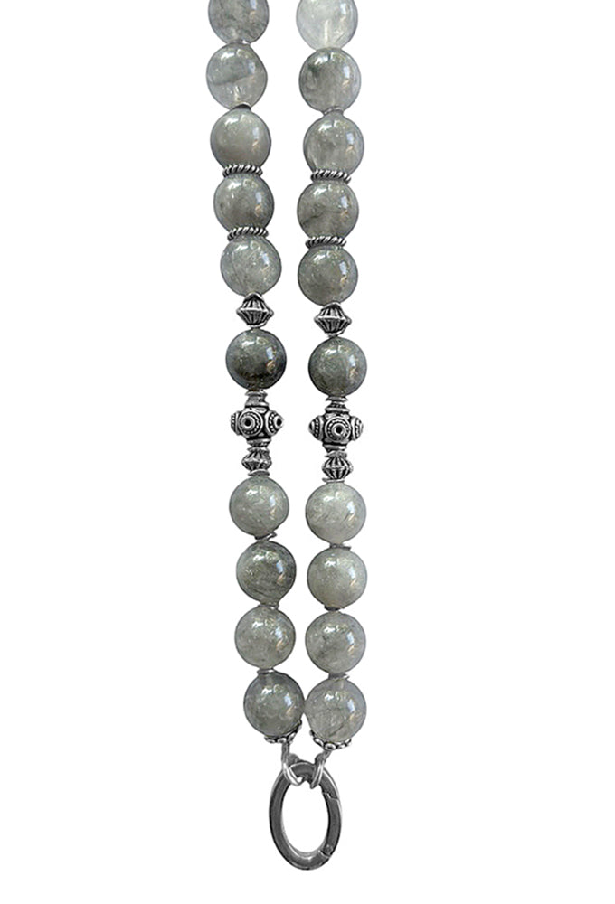 Lange Ethno Kette Quarz Grau 925 Sterling Silber Boho Unikat