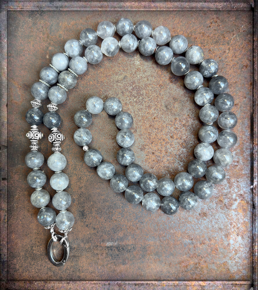 Lange Ethno Kette Quarz Grau Silber Boho Unikat