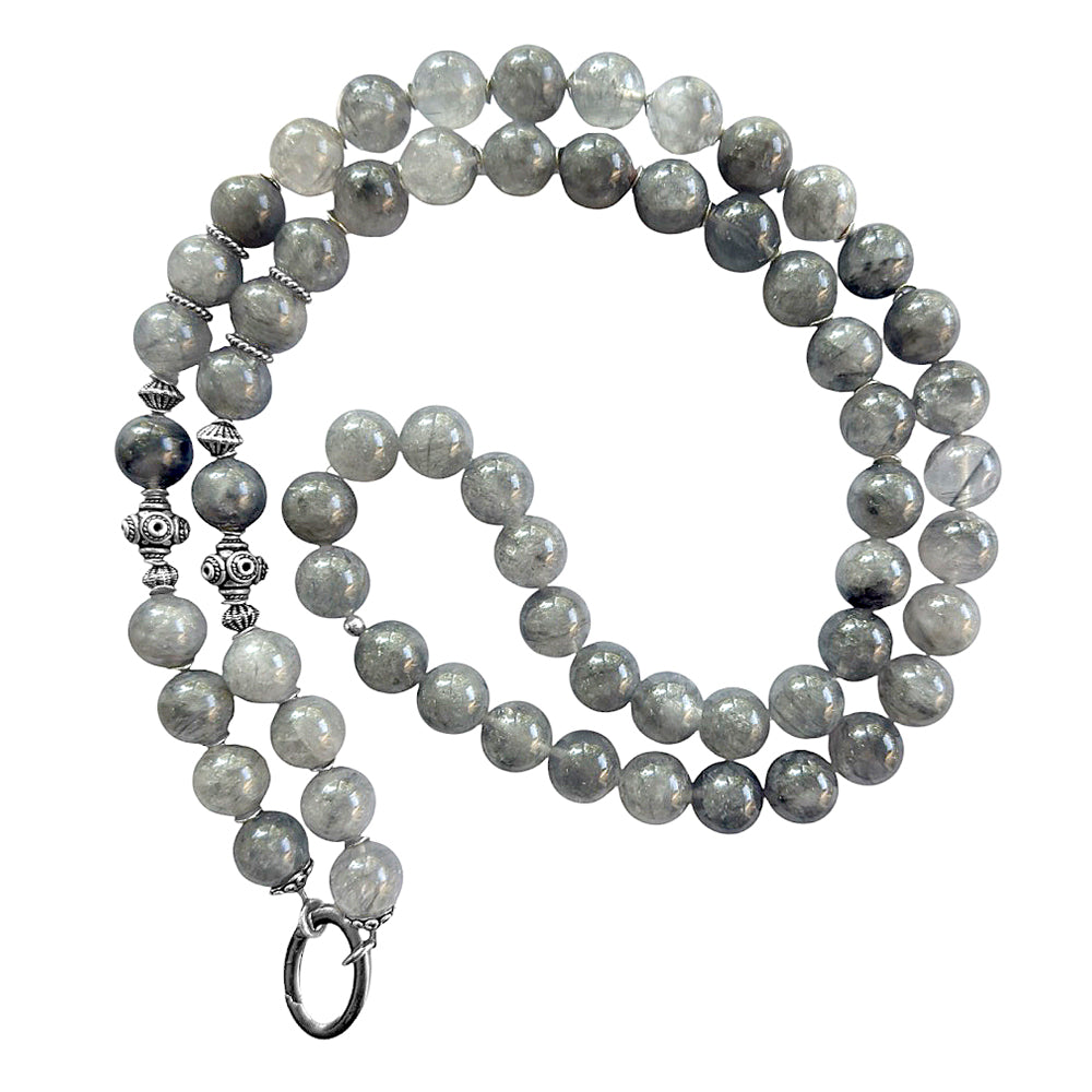 Lange Ethno Kette Quarz Grau Sterling Silber Boho Unikat