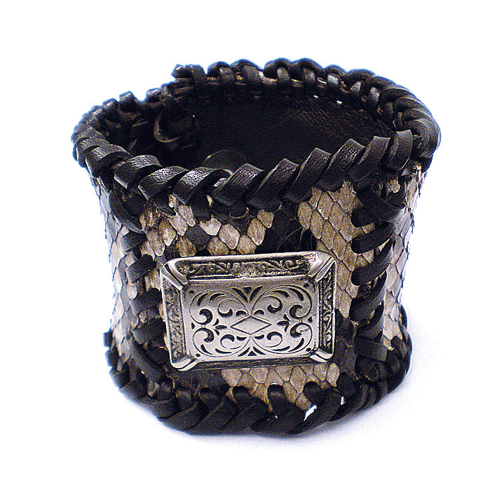 Lederarmband Echtes Pythonleder Geflochtene Lederkanten Braun Metallplakette Druckknopf-Verschluss 5 cm Breit