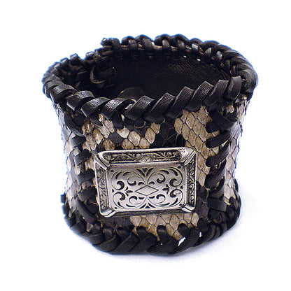 Lederarmband Echtes Pythonleder Geflochtene Lederkanten Braun Metallplakette Druckknopf-Verschluss 5 cm Breit