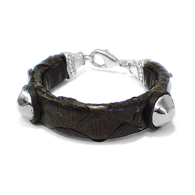 Lederarmband Echtes Pythonleder Braun 1,5 cm Breit Versilberte Nieten Karabiner-Verschluss 21 cm