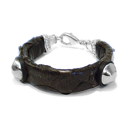 Lederarmband Echtes Pythonleder Braun 1,5 cm Breit Versilberte Nieten Karabiner-Verschluss 21 cm