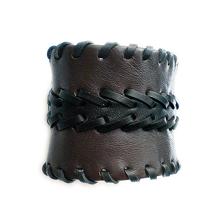 Lederarmband Glattleder Braun Schwarz Geflochtene Lederdetails Druckknopf-Verschluss 5,5 cm Breit