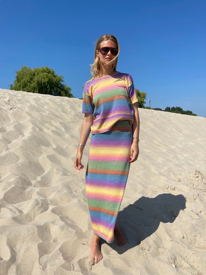 Les Tricots d'O Maxi-Rock Manon Streifen Strick Baumwolle Pastell Multicolor Model