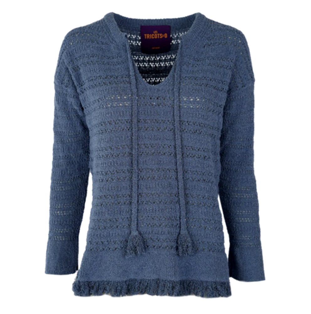 Les Tricots d'O Pullover Luna Fransen Lochstrick Boho Blau