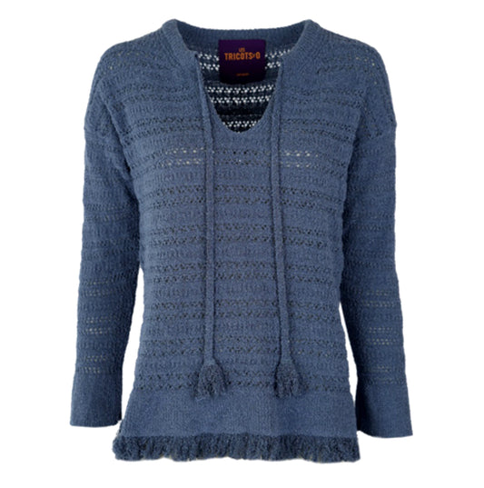 Les Tricots d'O Pullover Luna Fransen Lochstrick Boho Blau