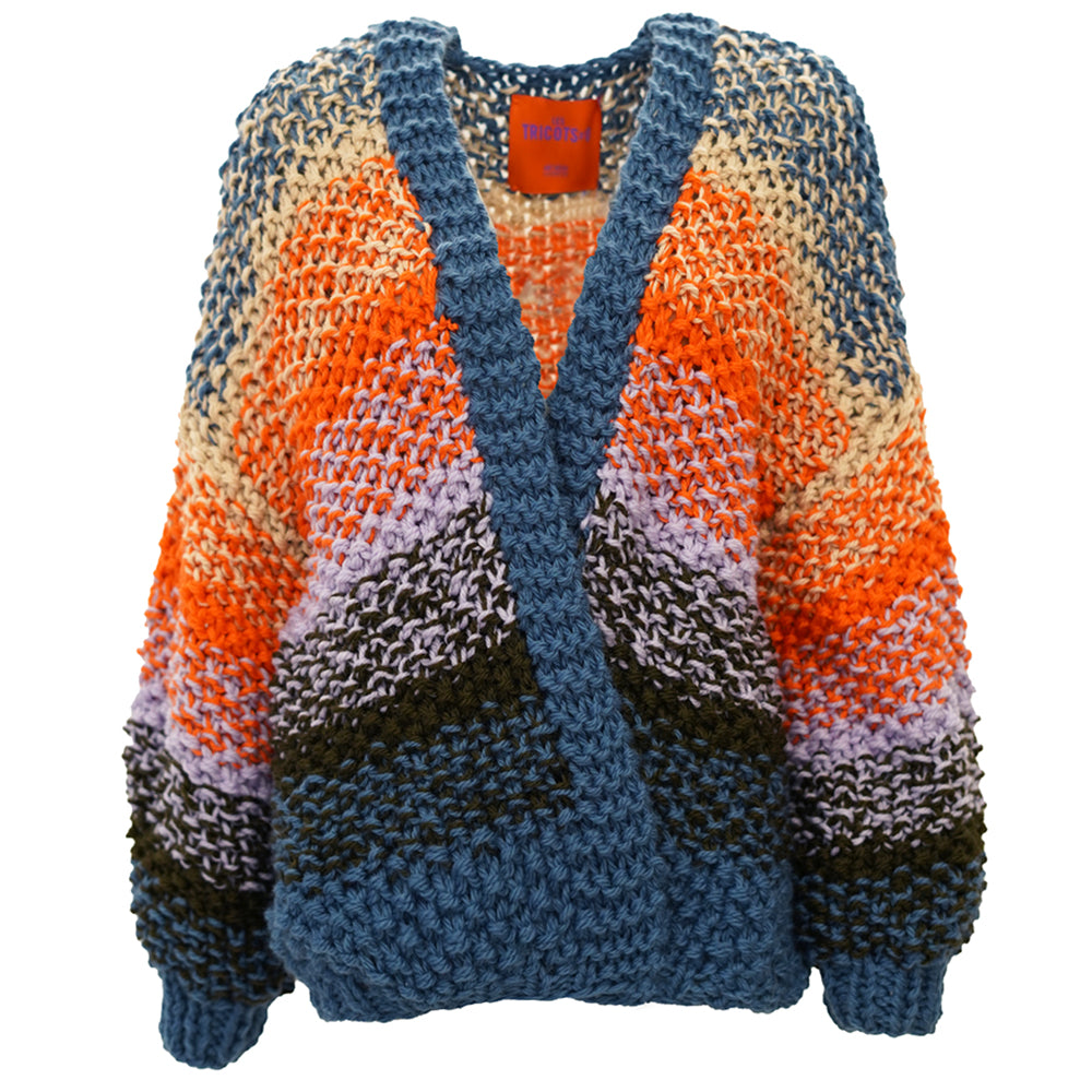 Les Tricots d'O Strickjacke Cardigan Oversize Merino Wolle Grobmaschig Patentmuster Multicolor Streifen Handstrick