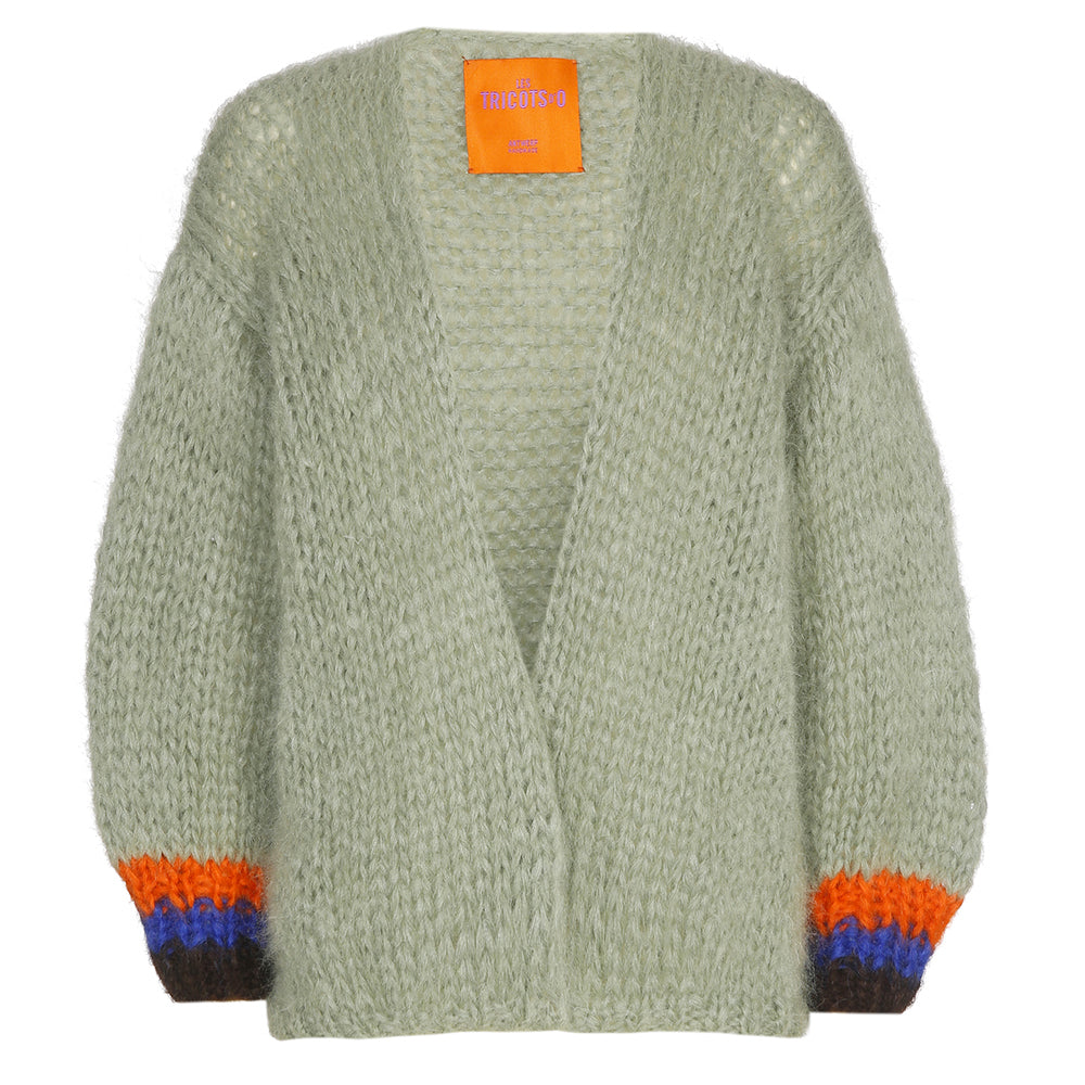 Les Tricots d'O Strickjacke Mohair-Blend Salbei Oversize Gestreifte Armbündchen