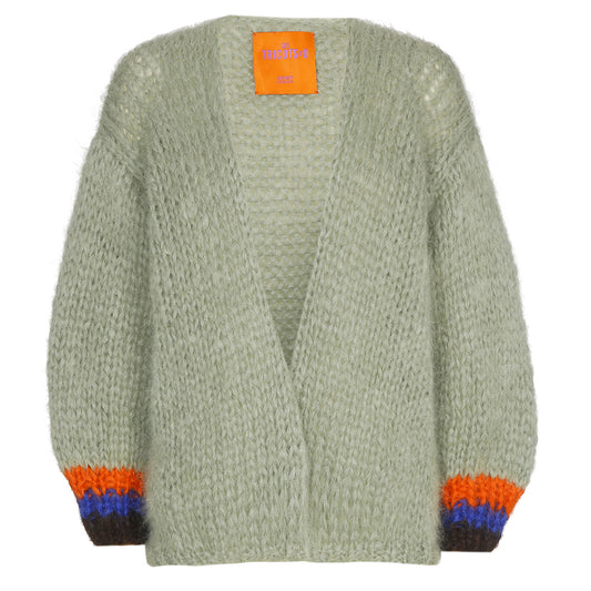 Les Tricots d'O Strickjacke Mohair-Blend Salbei Oversize Gestreifte Armbündchen