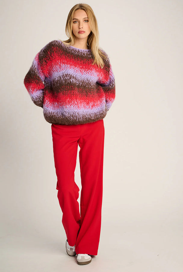 Les Tricots d'O Strickpullover Alpaca-Blend Oversize Rundhals Grobmaschig Handstrick Streifen Lila Braun Rot Model 3