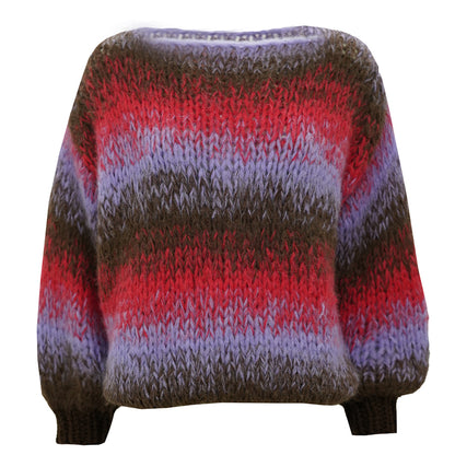 Les Tricots d'O Strickpullover Alpaca-Blend Oversize Rundhals Grobmaschig Handstrick Streifen Lila Braun Rot