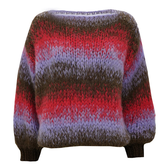 Les Tricots d'O Strickpullover Alpaca-Blend Oversize Rundhals Grobmaschig Handstrick Streifen Lila Braun Rot