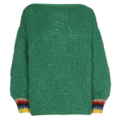 Les Tricots d'O Strickpullover Kaschmir Grün Oversize Rundhals Gestreifte Armbündchen