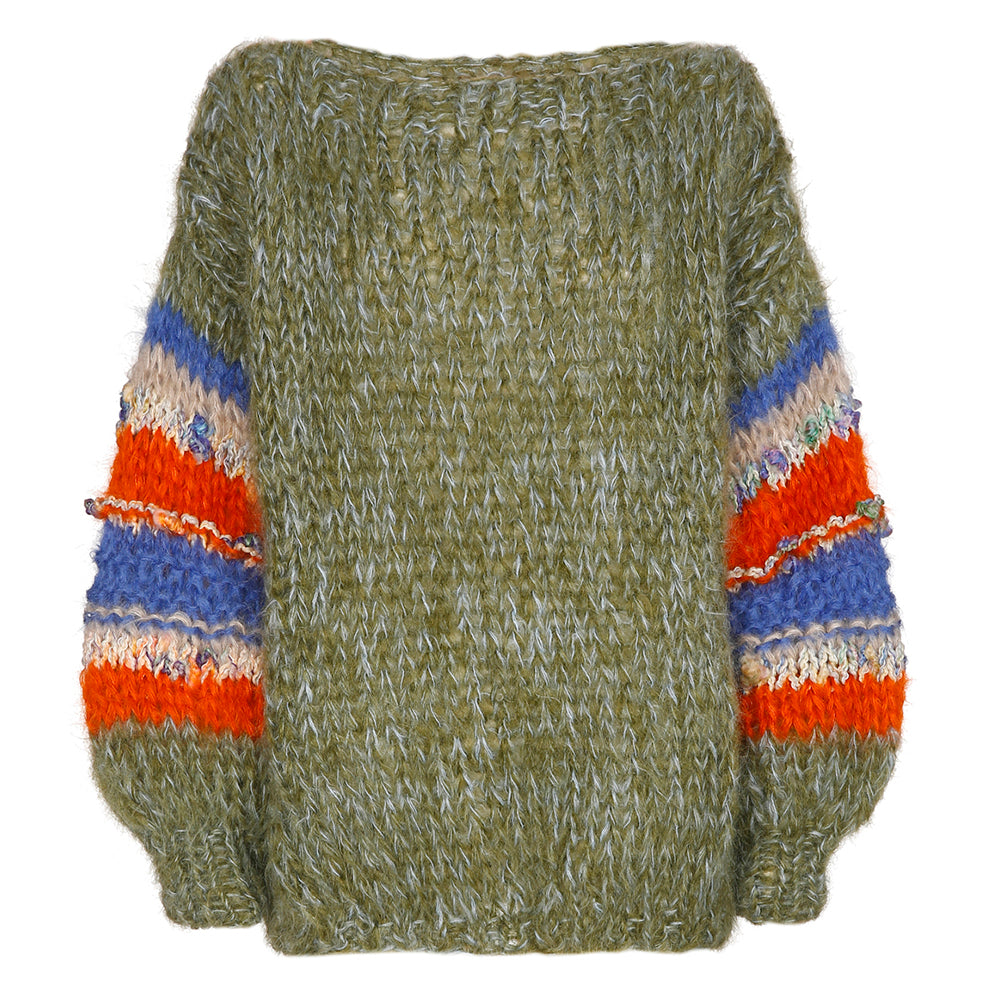 Les Tricots d'O Strickpullover Mohair-Blend Oliv Grobmaschig Oversize Gestreifte Ärmel Rot Blau Natur Rundhals