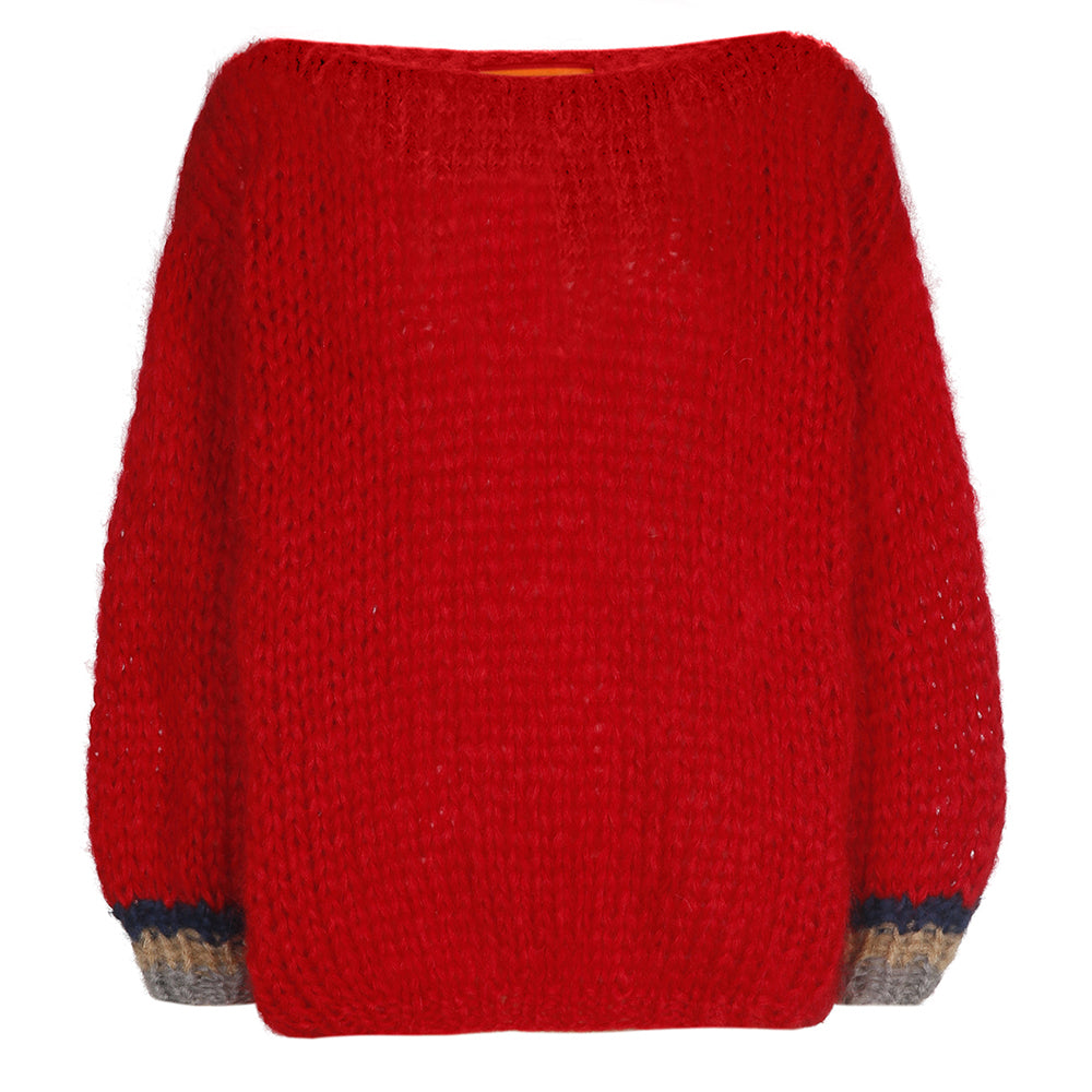 Les Tricots d'O Strickpullover Mohair-Blend Rot Oversize Rundhals Gestreifte Armbündchen