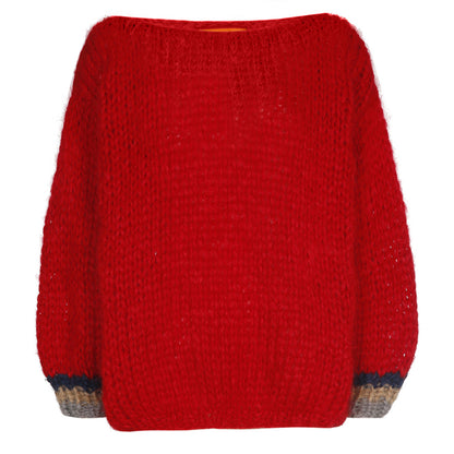 Les Tricots d'O Strickpullover Mohair-Blend Rot Oversize Rundhals Gestreifte Armbündchen