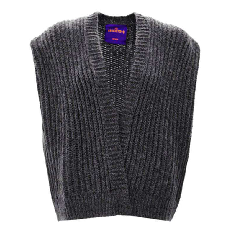 Les Tricots d'O Strickweste Alpaca-Blend Anthrazit Ärmellos Oversize Grobmaschig Handstrick