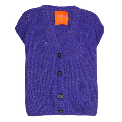 Les Tricots d'O Strickweste Cashmere-Blend Baby Alpaca Seide Kräftiges Lilablau Ärmellos Oversize Knopfleiste Grobmaschig Handstrick