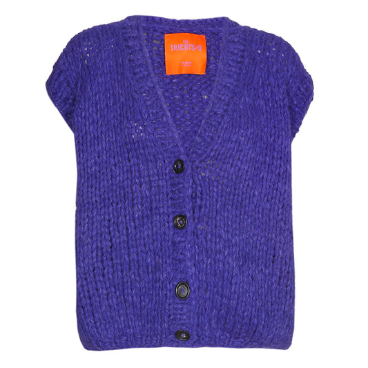 Les Tricots d'O Strickweste Cashmere-Blend Baby Alpaca Seide Kräftiges Lilablau Ärmellos Oversize Knopfleiste Grobmaschig Handstrick