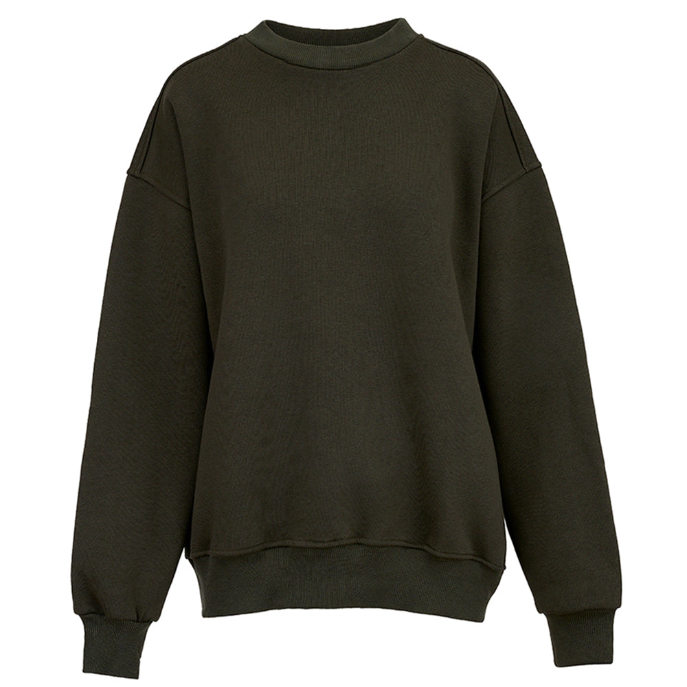 Les Tricots d'O Sweatshirt Dunkel Olivgrün Bunte Drachen-Stickerei auf der Rückseite Rundhals Entspannte Passform