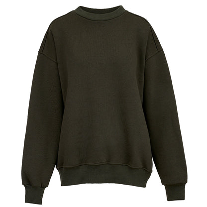 Les Tricots d'O Sweatshirt Dunkel Olivgrün Bunte Drachen-Stickerei auf der Rückseite Rundhals Entspannte Passform