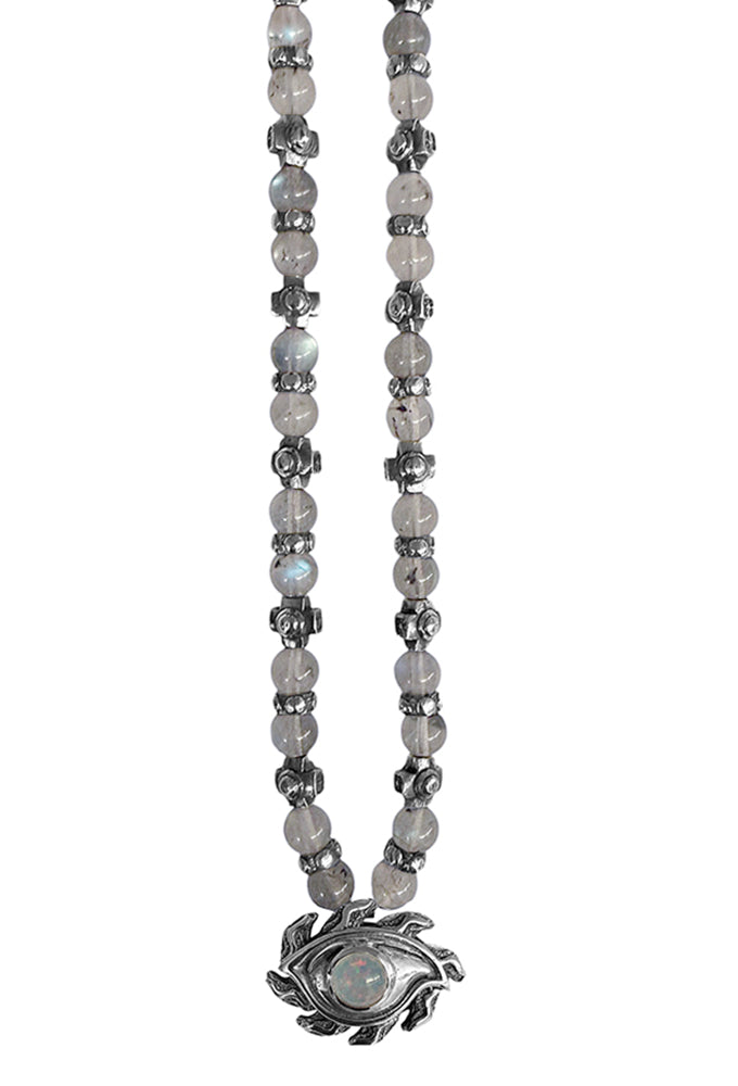 Elfcraft Kette The Third-Eye-Anhänger Labradorit Light Opal Kreuz-Beads 925 Sterling Silber Massiv Rock Style