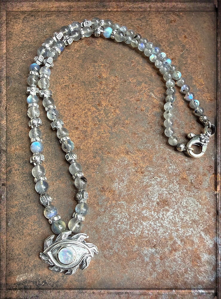 Elfcraft Kette The Third-Eye-Anhänger Labradorit Light Opal Kreuz-Beads Sterling Silber Massiv Rock Style