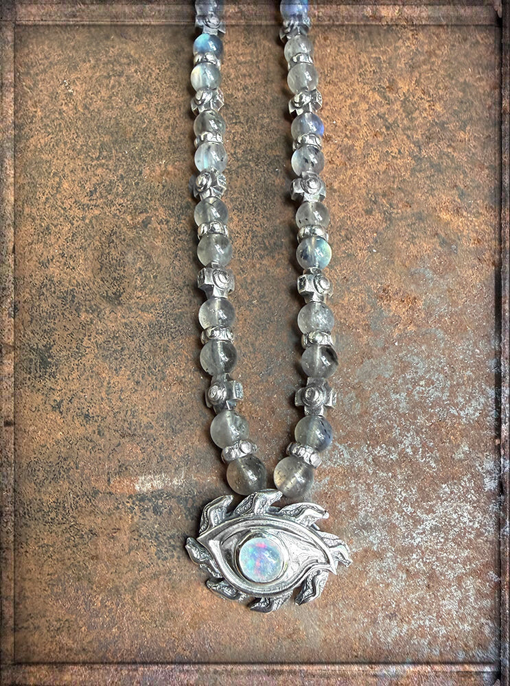 Elfcraft Kette The Third-Eye-Anhänger Labradorit Light Opal Kreuz-Beads 925 Silber Massiv Rock Style