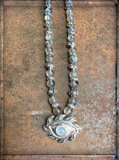 Elfcraft Kette The Third-Eye-Anhänger Labradorit Light Opal Kreuz-Beads 925 Silber Massiv Rock Style
