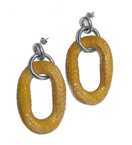 LOTT.gioielli Statement-Ohrringe 925 Silber Rhodiniert Schlangenleder Camel 7,5 cm Lang