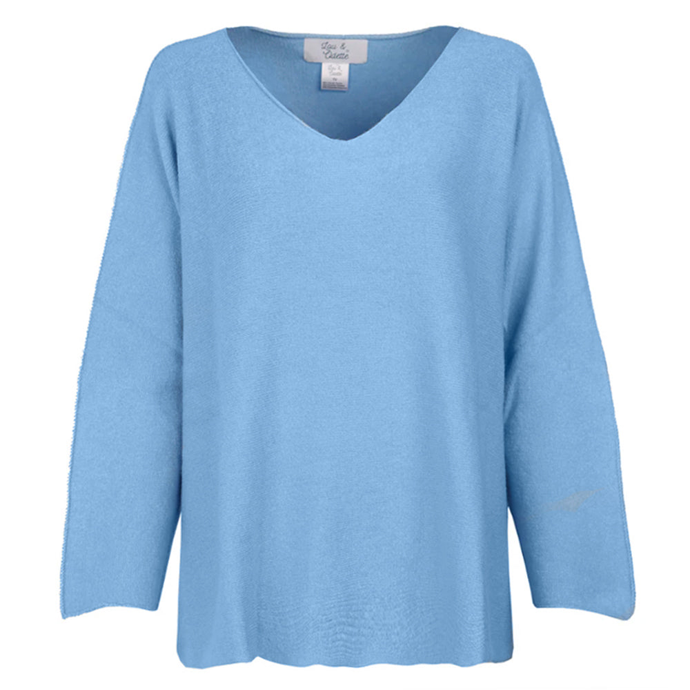 Lou & Odette Sweater Laura Oversize Viskose-Mix Hellblau V-Ausschnitt Ärmel mit Außennaht