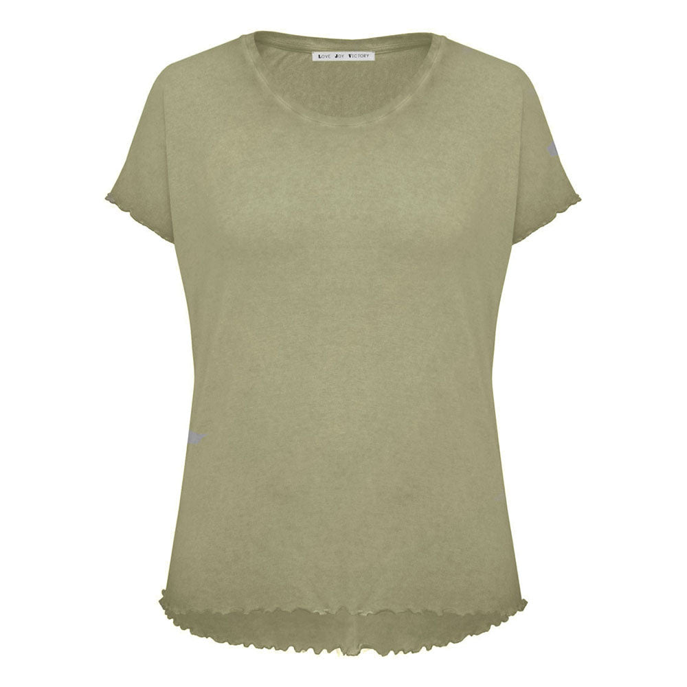 Love Joy Victory T-Shirt Adela Bio-Baumwolle Modal-Mix Khaki Rüschen-Wellennaht Detail