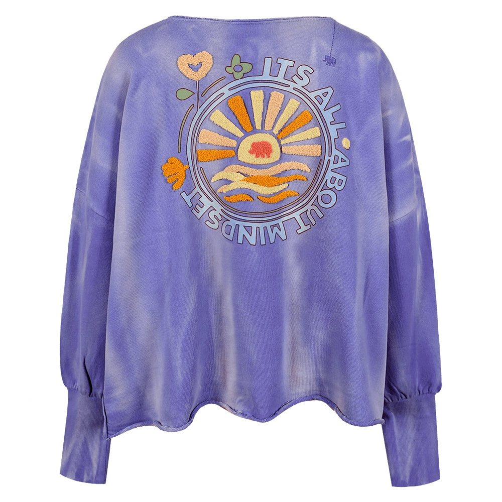 Love Joy Victory Batik Sweatshirt Hilda Oversize Rückenprint Lila Iris Blue Rückseite