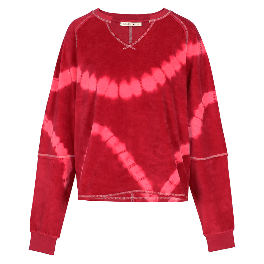 Love Joy Victory Batik-Sweatshirt Madison Jalapeno Red Rot Pink Casual-Fit Velvet-Stoff Raw-Edges
