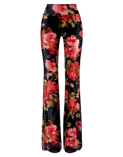 Love Joy Victory Blumen-Hose Kala Vintage Rot Rosa Schwarz Floraler Blumen-Print Flared Velvet