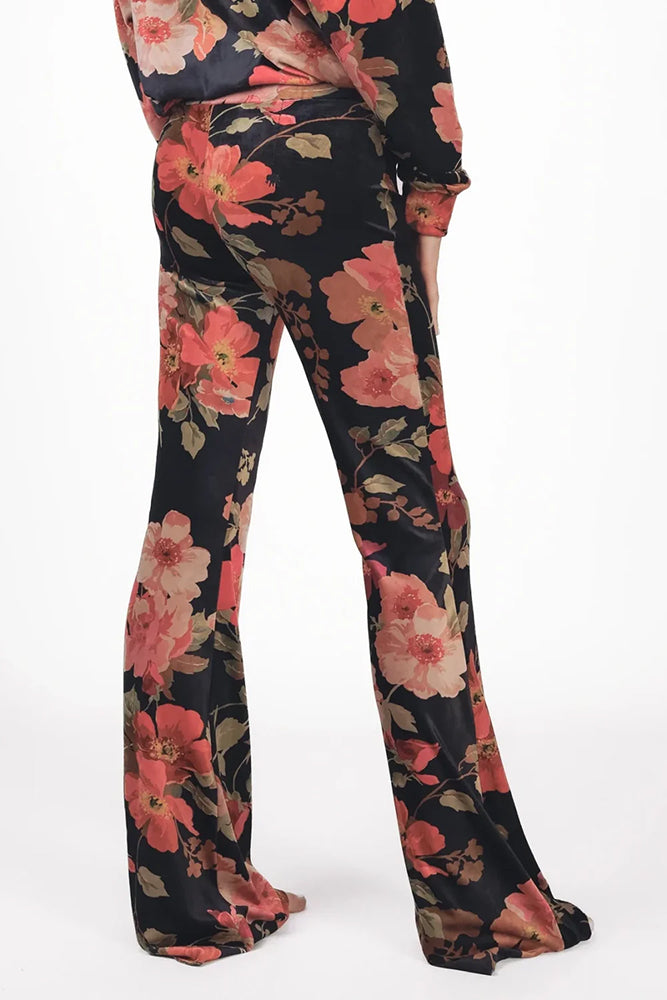 Love Joy Victory Blumen-Hose Kala Vintage Rot Rosa Schwarz Floraler Blumen-Print Flared Velvet Rückseite