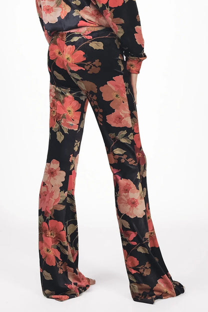Love Joy Victory Blumen-Hose Kala Vintage Rot Rosa Schwarz Floraler Blumen-Print Flared Velvet Rückseite