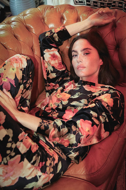 Love Joy Victory Blumen-Hose Kala Vintage Rot Rosa Schwarz Floraler Blumen-Print Flared Velvet Model 4
