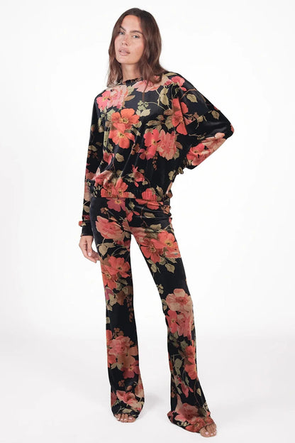 Love Joy Victory Blumen-Hose Kala Vintage Rot Rosa Schwarz Floraler Blumen-Print Flared Velvet Model
