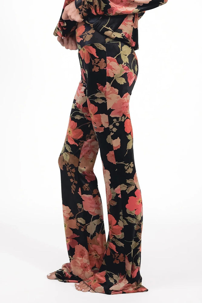 Love Joy Victory Blumen-Hose Kala Vintage Rot Rosa Schwarz Floraler Blumen-Print Flared Velvet Seitlich