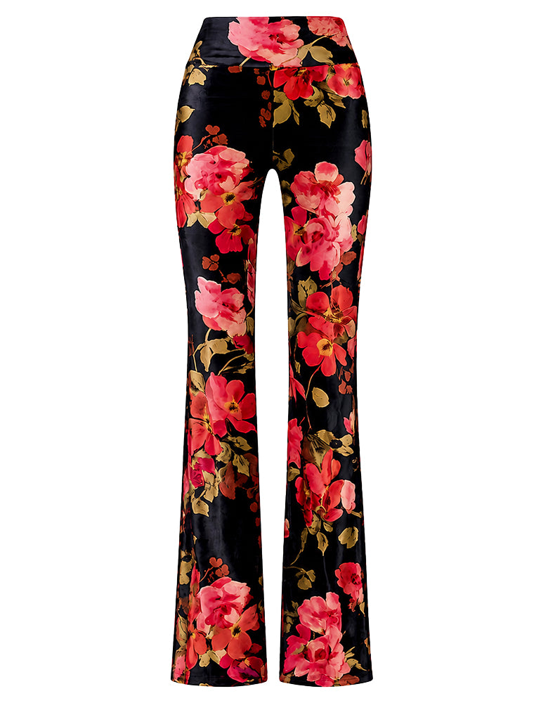 Love Joy Victory Blumen-Hose Kala Vintage Rot Rosa Schwarz Floraler Blumen-Print Flared Velvet
