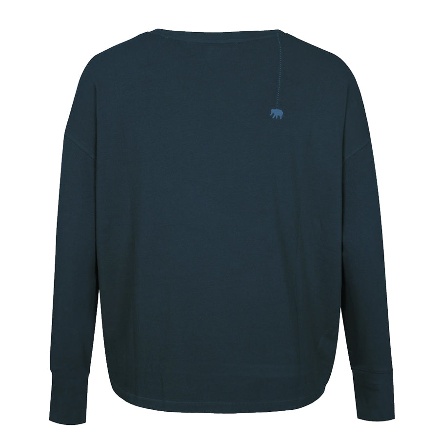 Love Joy Victory Langarmshirt Aster Dark Sky Petrol 100% Bio-Baumwolle Relaxed-Fit Rundhals Daumenloch Rückseite